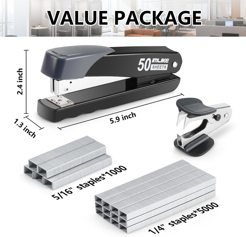 IMLIKE Metal Stapler Heavy Duty 50 Sheet Capacity, Full Strip Staplers for Desk with 6000 Staples and Staple Remover,No Jam, Non-Slip for Office & Classroom, Black - Image 2